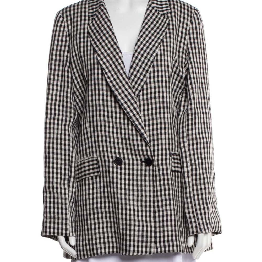Reformation Linen Gingham Double Breasted Blazer Black Cream Check Size M